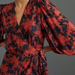 Anthropologie Caballero Midi Wrap Dress Silky Abstract Rusty Red/Black, Size M